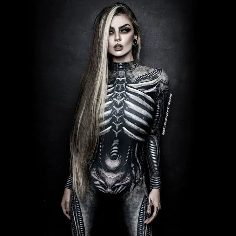 Horror Cosplay szkielet kombinezon kostiumy na Halloween szczupłe ciało ludzkie kobiety Zentai czaszka duch obcisły garnitur karnawał element ubioru impreza