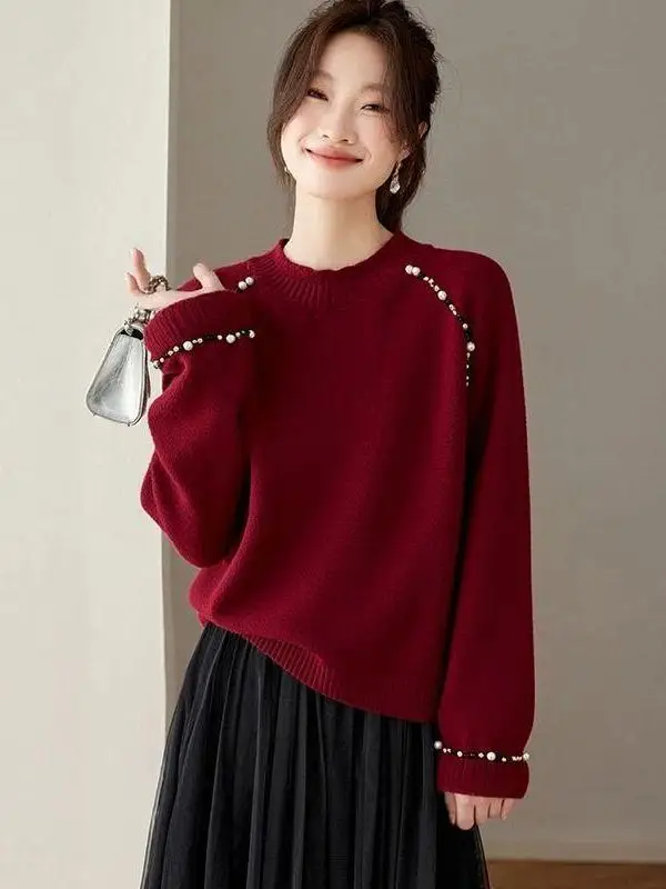 Ladies' Thickened Short Sweater Pearl Embellished Loose Fit Autumn Winter New Style Comfortable Inner Wear Color Knitwear
