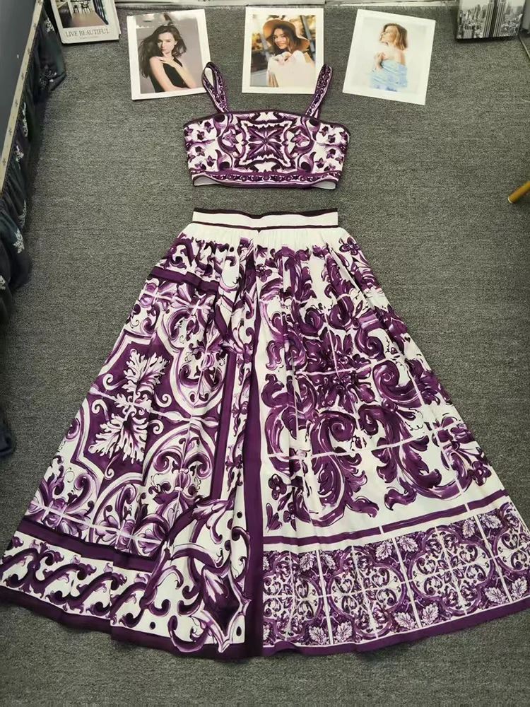 

Spring/summer 2025 new temperament women's suit purple printed short top+high waist A-shaped skirt fashion two-piece suit