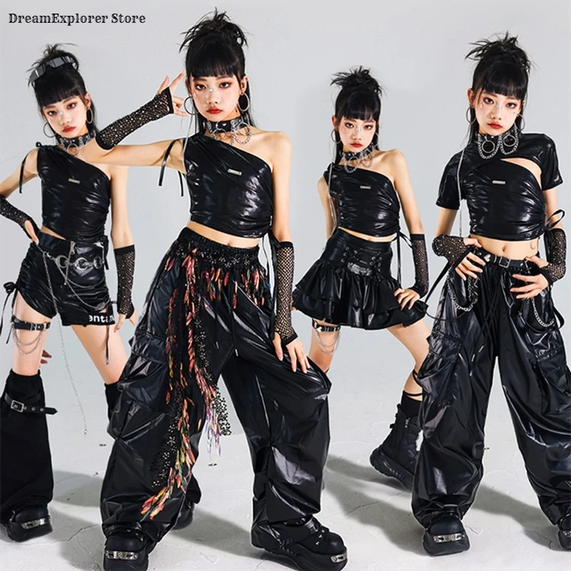 

Блестящий укороченный топ для девочек K-pop, юбки, брюки-карго для уличных танцев, детские комплекты одежды в стиле хип-хоп, джаз для девочек, детский уличный костюм