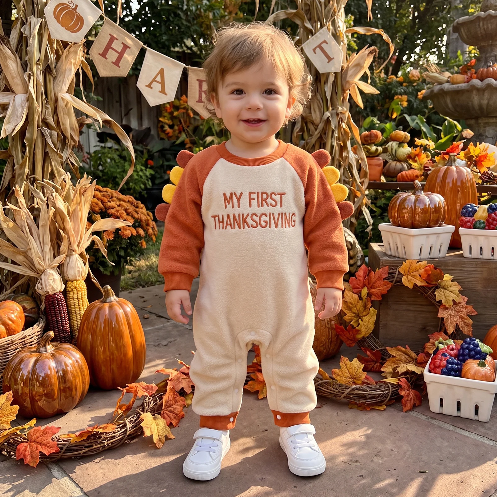 2027 Winter New Toddler Baby Thanksgiving Romper Fashion Letter Embroidery Crew Neck Long Sleeve Jumpsuit