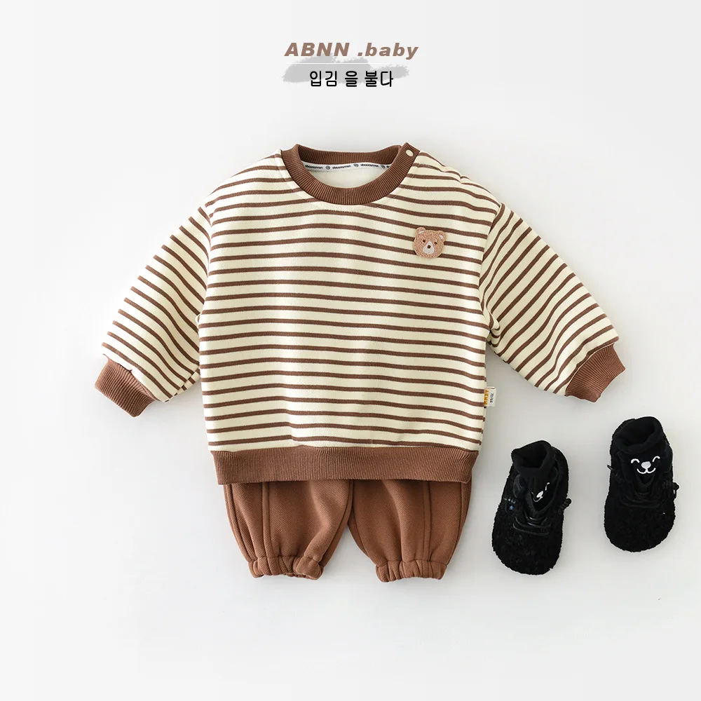 2024 Ins Winter Infant Boys Sweatshirts Cotton Striped Fleece Casual Versatile Loose Baby Boys Pullovers Toddler Boys Tops