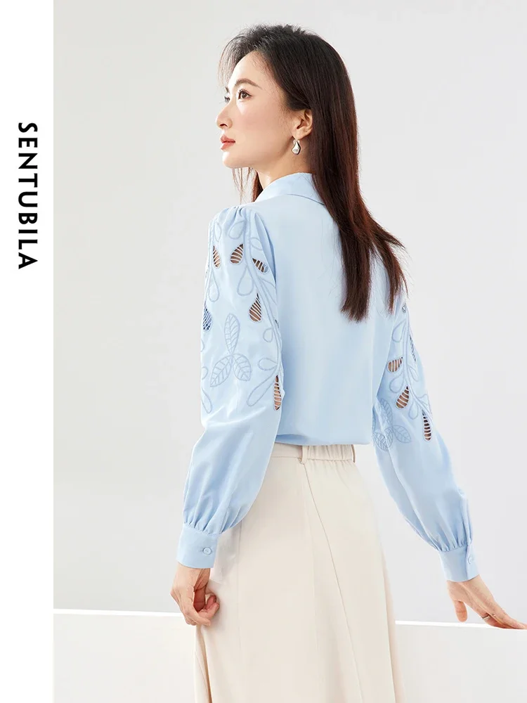 SENTUBILA Hollow Out Embroidery Blue Shirt for Office Ladies 2024 Spring Elegant Lapel Single Breasted Women Blouses M43C57362X