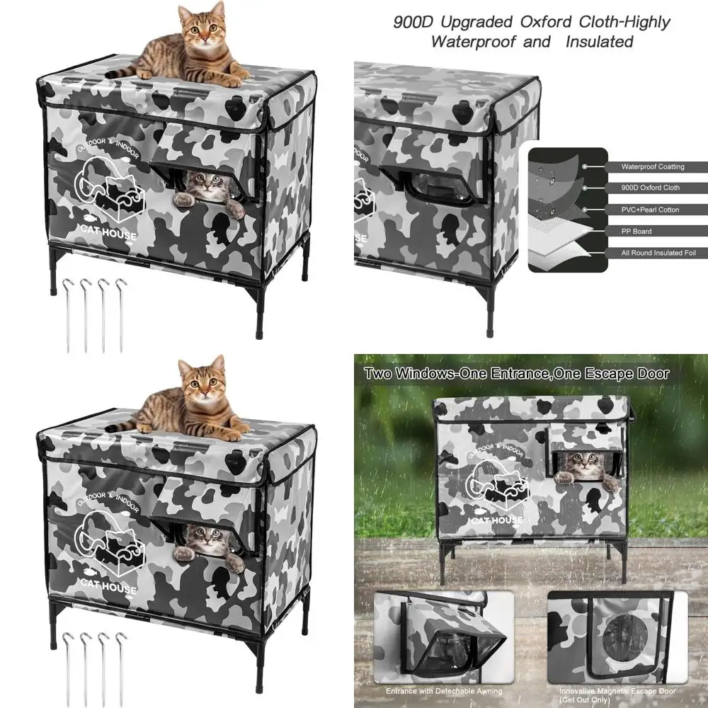 

Camouflage Weatherproof Elevated Outdoor Cat Shelter with Insulation and Escape Hatches for Stray Cats