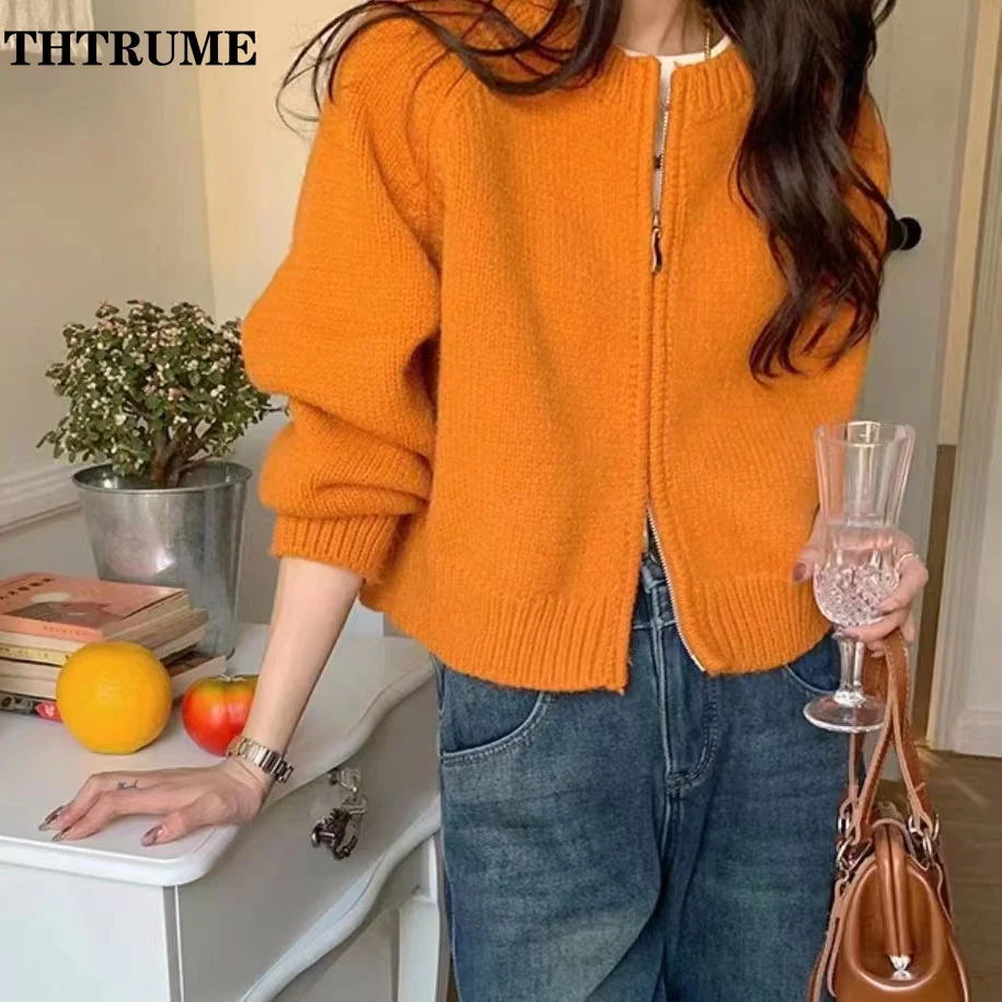 Fashion Solid Round Neck Sweater Elegant Zipper Long Sleeve Autumn Winter Knit Vintage Jumpers Casual Office Lady Chic Cardigan