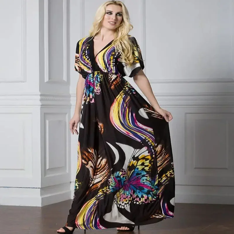 61062001 V-neck holiday beach dress plus size plus fat ice silk dress maxi summer nightdress