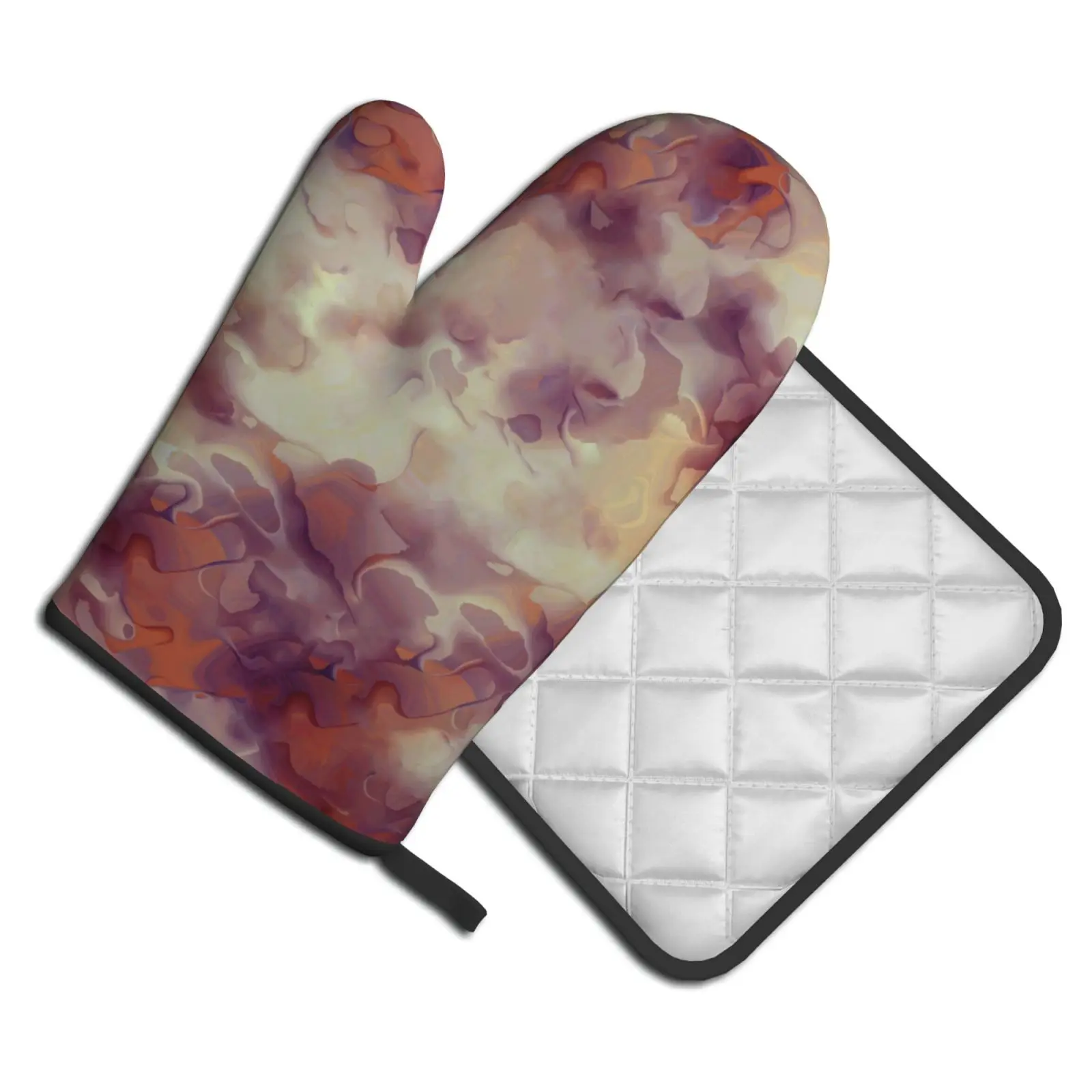 Oven Mitts and Pot Holders Set - Red Color Marble Kitchen Mittens with Potholders Surface for Baking Cooking BBQ