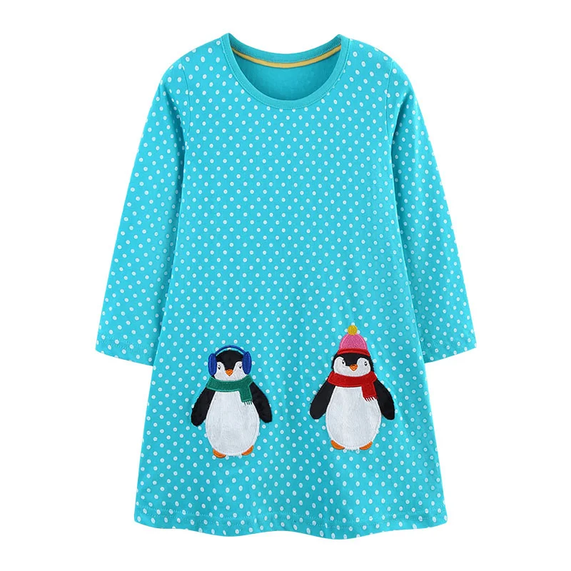 

Jumping Meters 2-7T Blue Dots Animals Embroidery Long Sleeve Girls Dresses Autumn Baby Clothes Party Tutu Kids Frocks Costume