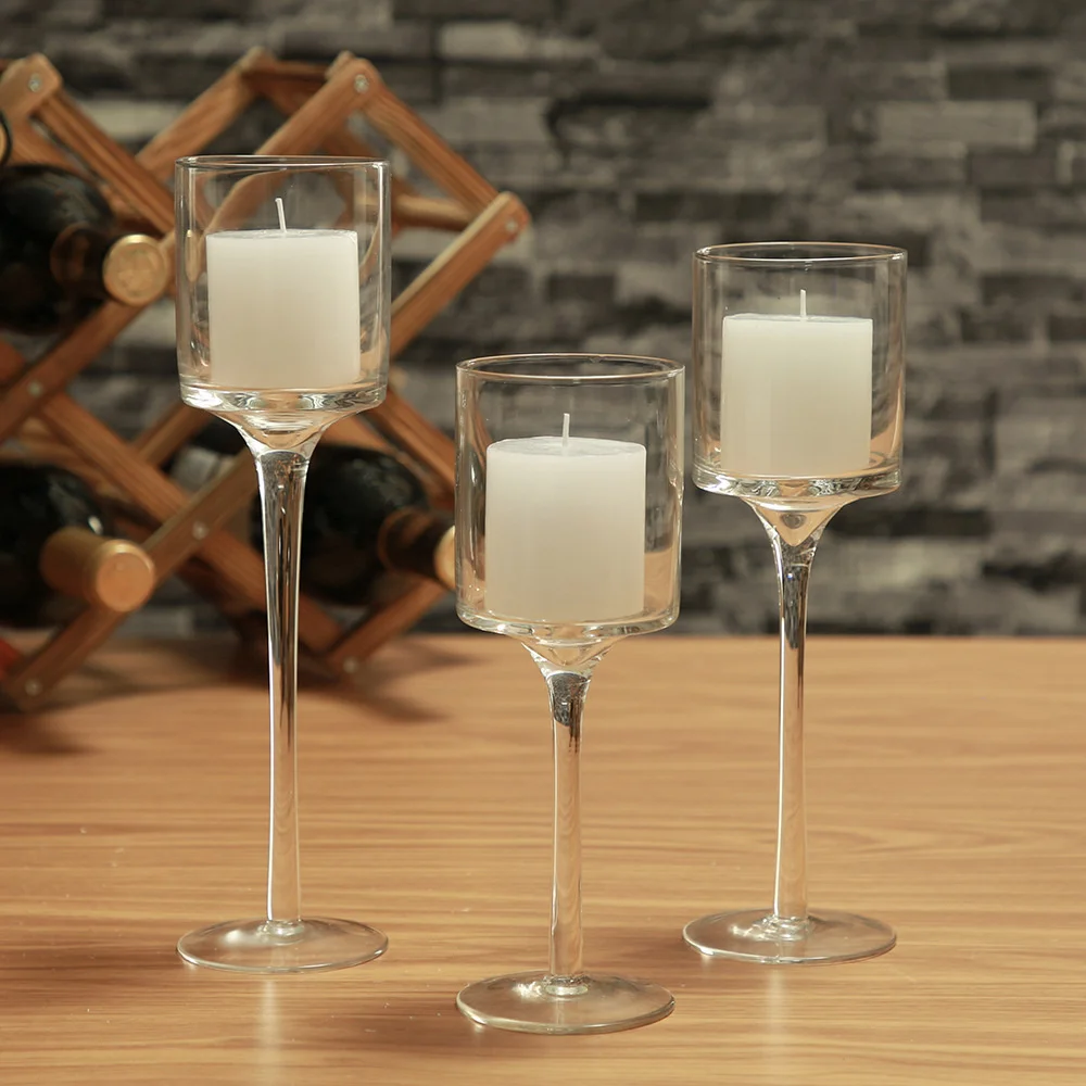 Glass candlestick Hand blown glass handicraft European restaurant high leg candlestick three piece set