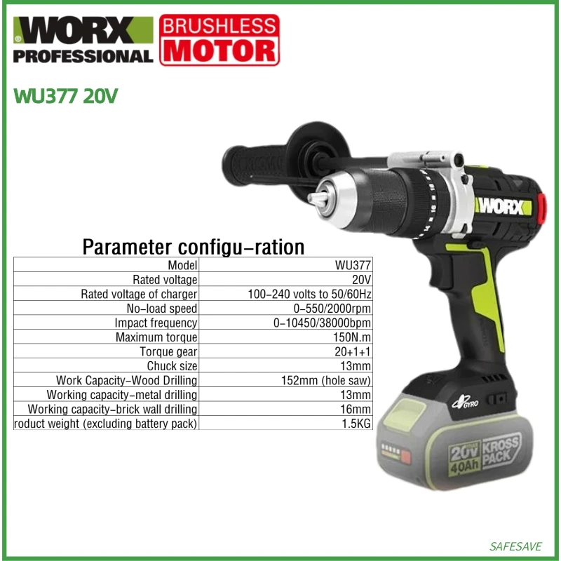 Imagem -05 - Worx-broca Manual Elétrica de Lítio Furadeira de Impacto 20v Wu182 Wu173 Wu369 Wu373 Wu377