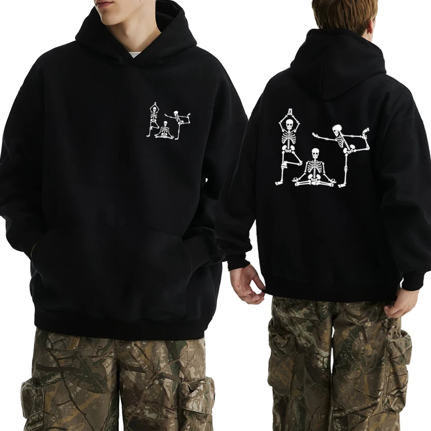 

Gothic Skeleton Yoga Funny Halloween Double Sided print streetwear Men women vintage hip hop Hoodie Unisex punk Fleece pullovers
