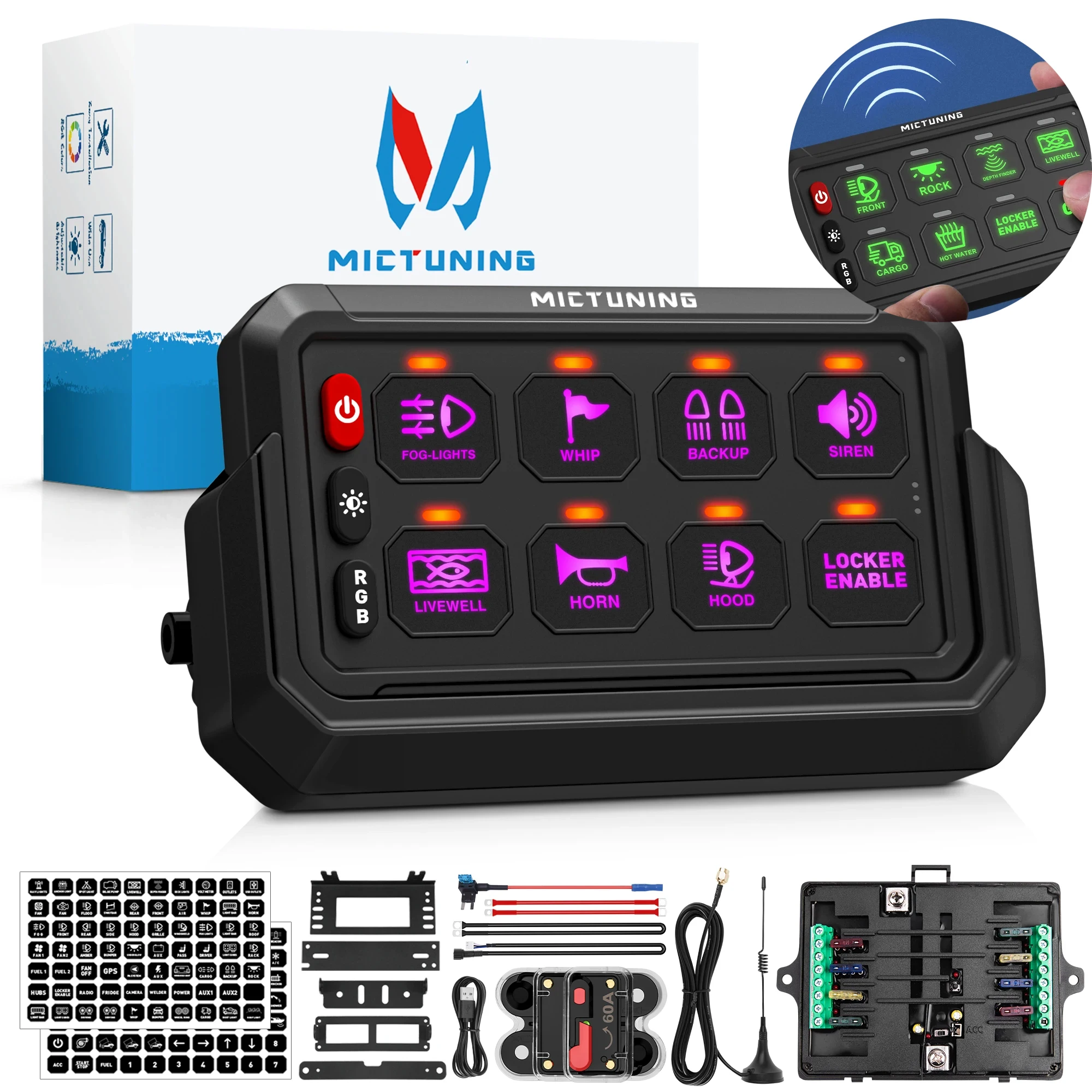 

MICTUNING 8 Gang Universal Switch Panel Wireless Control System Relay Adjustable RGB Colors Brightness For Truck Off-road ATV