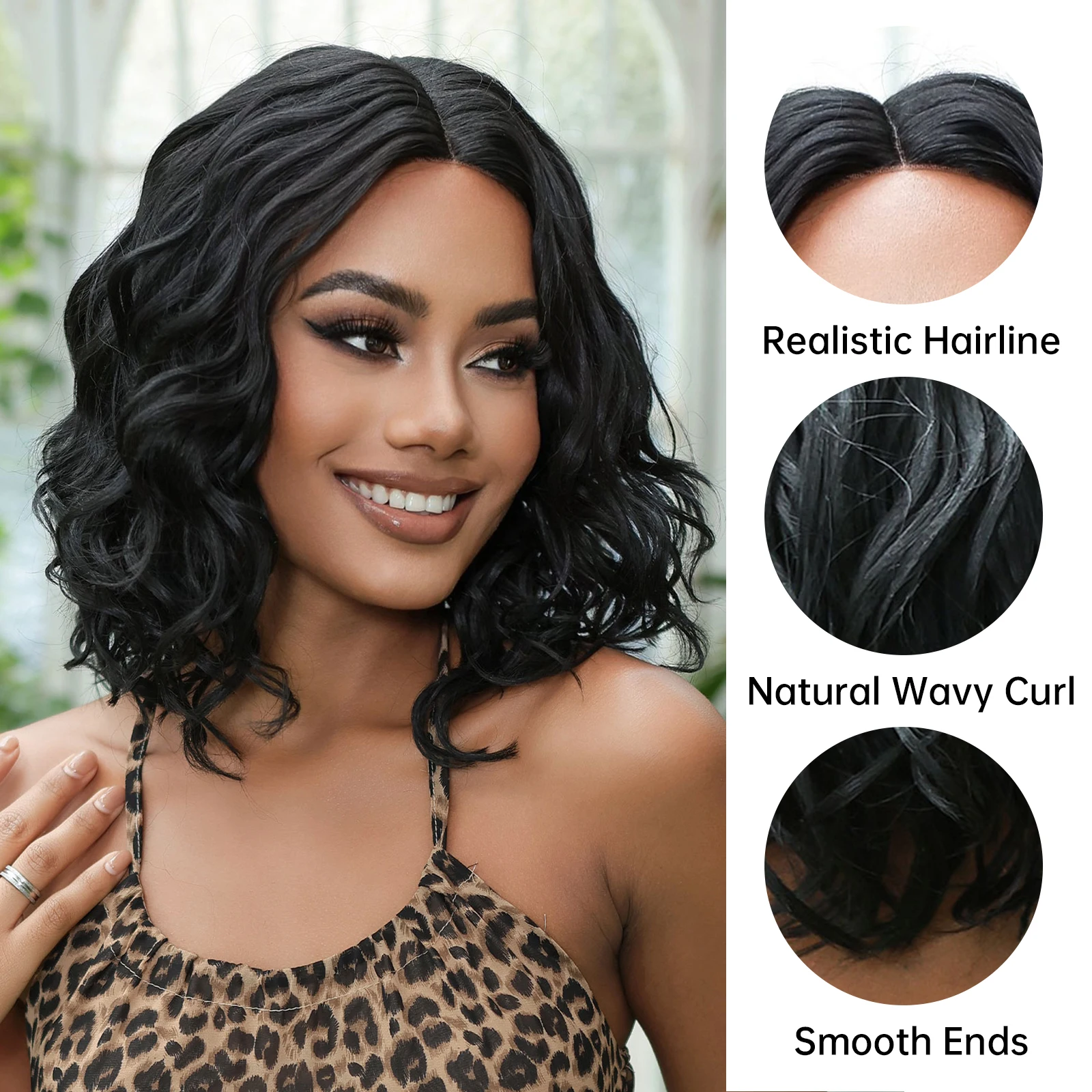 Short Wavy Lace Front Synthetic Wigs Dark Black Curly Wave Bob 13X1 Transparent Lace Wig Glueless for Brazilian Women Afro Daily