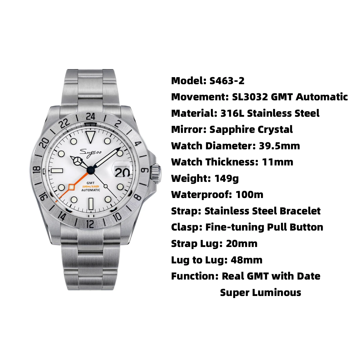 Sugess Men Watch GMT Automatic Peacock SL3032 Movement 100M Waterproof Mechanical Wristwatches Sapphire Crystal Bracelet S463 - view 6