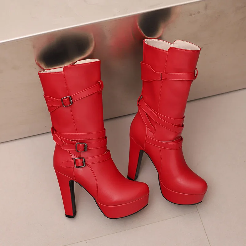 Plus Size Calf Wrapped Three Rows Of Belt Buckles Round Toe Super Thick Heel Midsole Boots Platform Slip On Fashion Boots
