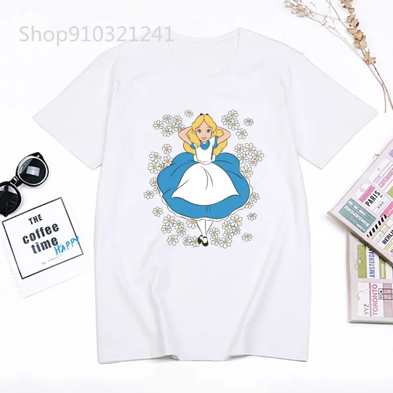 Cute Cartoon Women T Shirt Alice In Wonderland T-Shirt Girls Printing Trendy Harajuku Tshirt White Graphic Tops Female Clothing