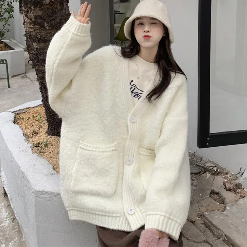 

V-Neck Solid Color Cardigan Jacket 2023 Autumn Simple Style Office Lady Sweater Jacket Women's Loose Casual Pocket Knitted Coat