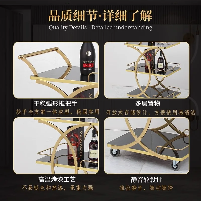 Three-layer stainless steel glass wine cart Multifunctional art trolley Silent 4s shop dim sum tea cart Tool cart image 5