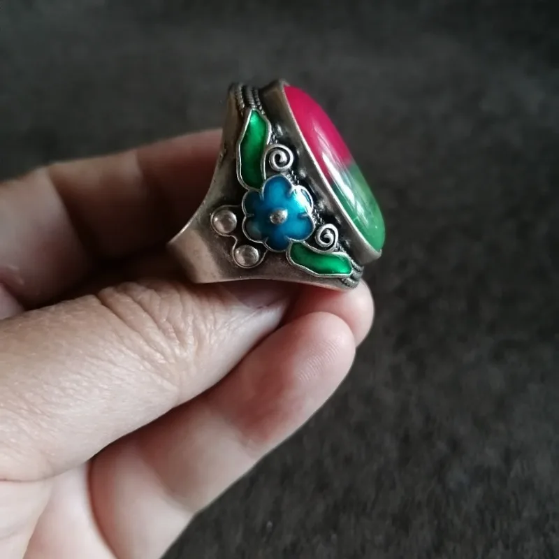 Antique Old Silver Ring with Two-Tone Tourmaline, Adjustable Open Band, Vintage Patina Collectible Jewelry