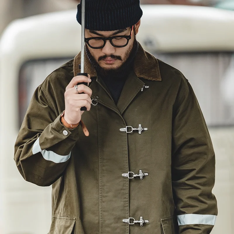 Maden Retro American Workwear Windbreaker Men's Long Overcoat Autumn Winter Outerwear Reflective Strip Trendy Coat