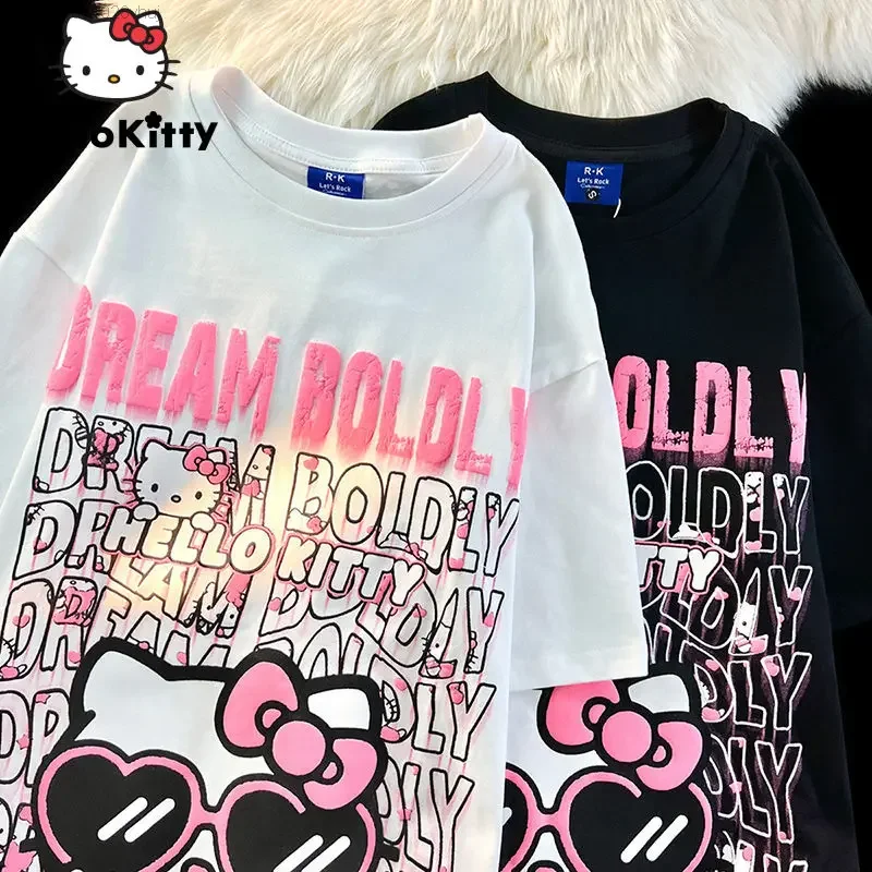 Sanrio Hello Kitty Y 2k Harajuku T-shirt For Women\'s Summer Fashion New Hip Hop Graphic Oversize Short Sleeve Top Female Emo Tee