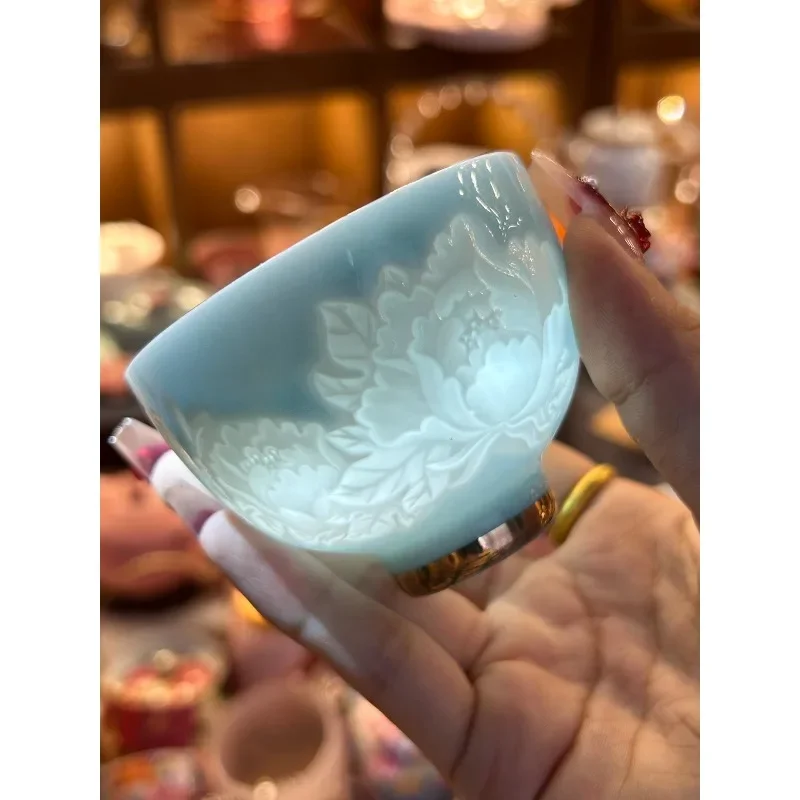 Peony Shadow Carving Flower God Cup Blue Teacup Master Cup 100ml Large Capacity Tea Set Tea Cup