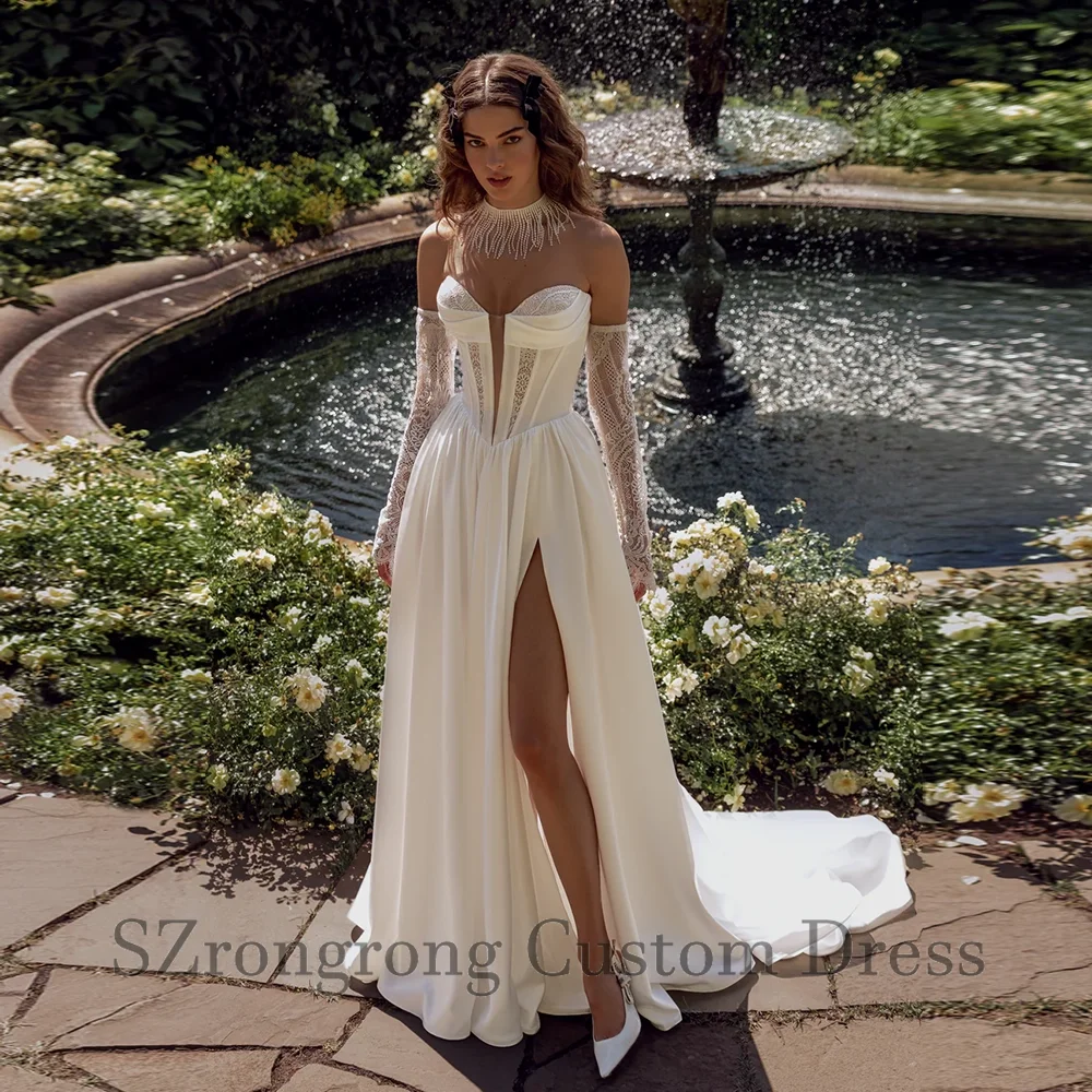 

3/4 Sleeve Sweetheart Collar Satin Side Slit Boho Wedding Gown Lace Appliques A-line Zipper Back Bridal Dress with Train