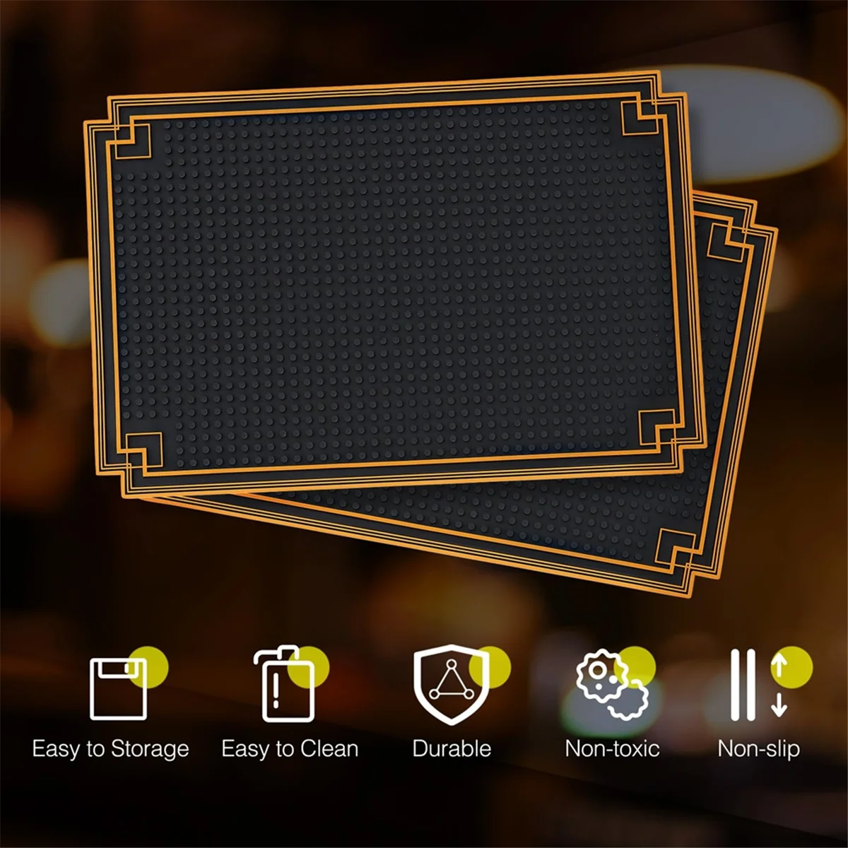

A04I 2 Pcs 18x12 Inch Bar Mat Non Slip Rubber Mat with Gold Border for Restaurants Barbershop Clippers Bartending, Black