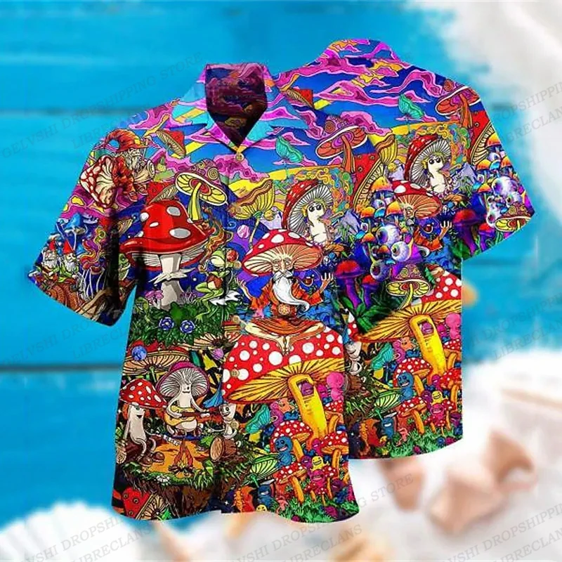 Camisa havaiana com estampa 3D de cogumelo masculino, blusa de praia casual, roupa masculina, Camisas de lapela, moda