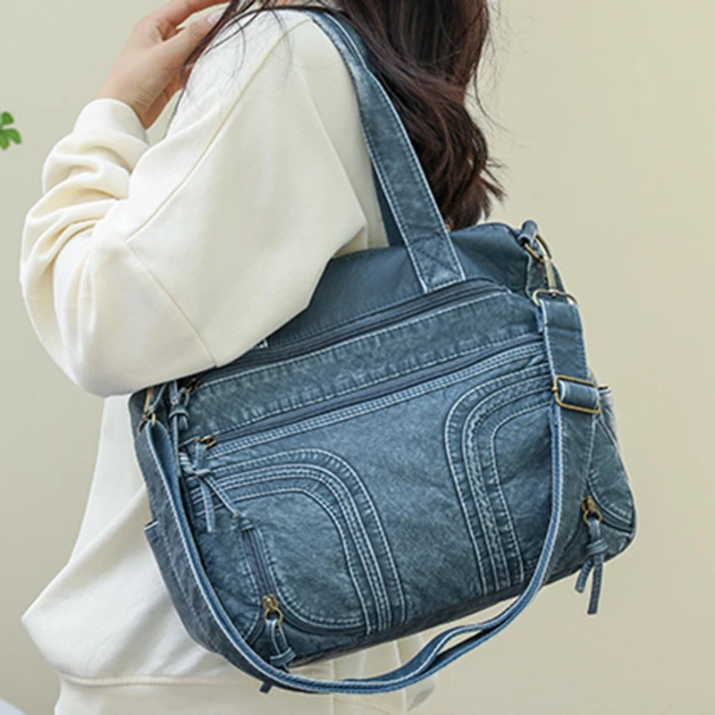 

Ladies Shoulder Bag Double Attachment Bags Blue Evening Size Commuter Bag Simple Casual PU Leather Texture Handbag Travel Bags