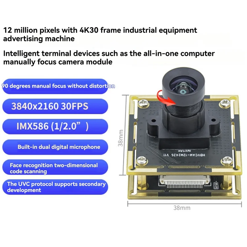 Módulo de câmera B37B-90 graus 12MP IMX586 3840X 3000 USB Driver grátis foco manual com cabo de 50 cm para Winxp/Win7/Win8/Win10