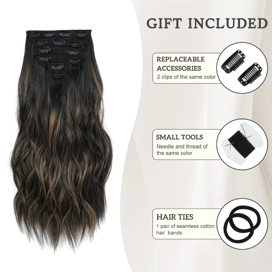 وصلات شعر صناعية بمشبك 6 قطع شعر طبيعي وناعم لمزج سلس قطع شعر طويلة مموجة 20 بوصة 6 قطع أسود أ