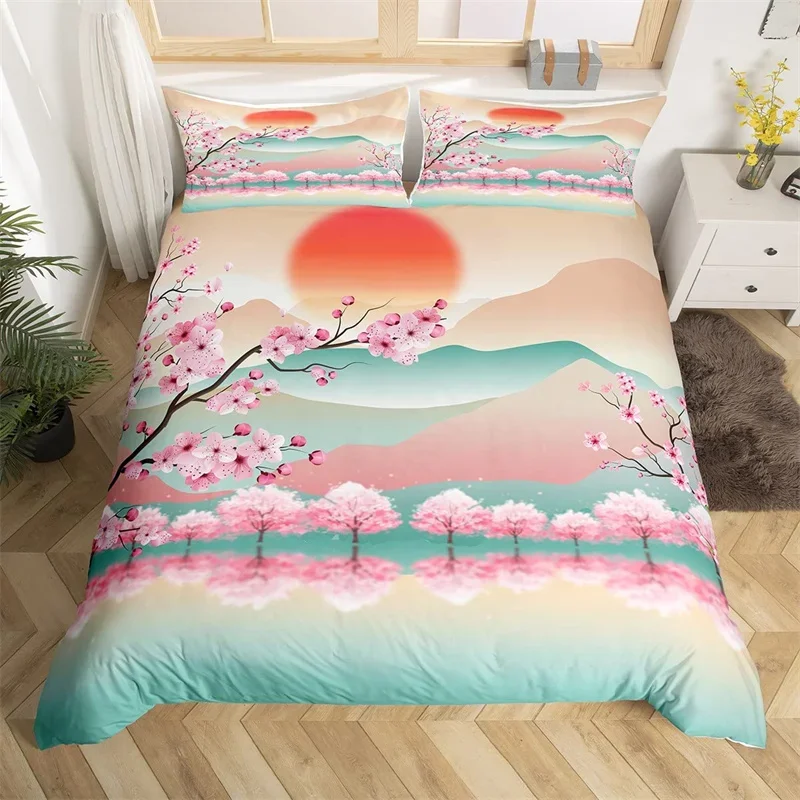 Cherry Blossoms Bedding Set Landscape Painting Duvet Cover Set Japanese Style Comforter Cover Polyester Abstract Art Quilt Cover