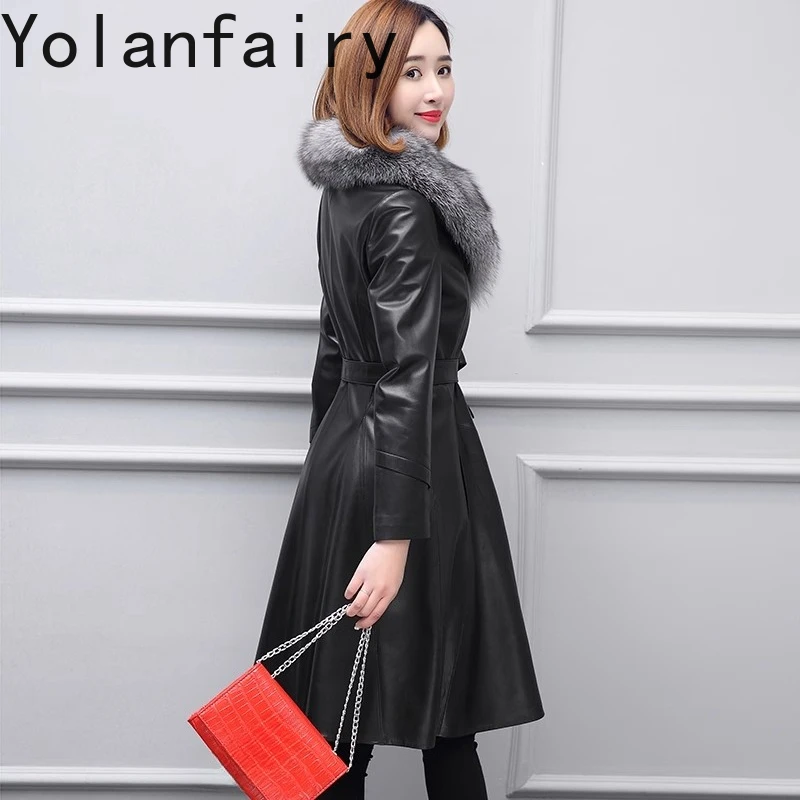YOLANFAIRY جديد ربيع الخريف جلد الغنم الحقيقي خندق معطف المرأة منتصف طول الكورية موضة سترة جلدية حقيقية امرأة