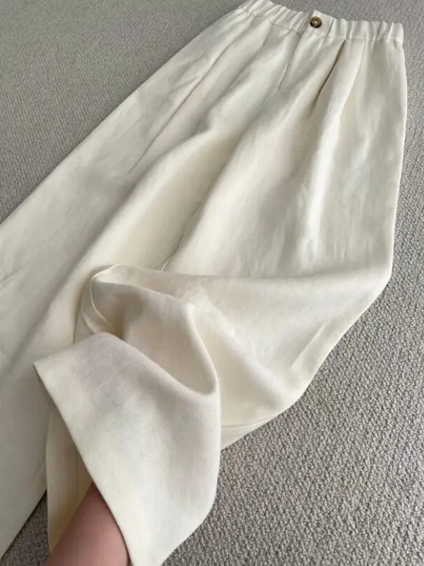 

Trendy Poplar Casual Pants Women's Summer Thin Loose Straight Leg Wide Leg Pants Linen Material High Waist Button Detail