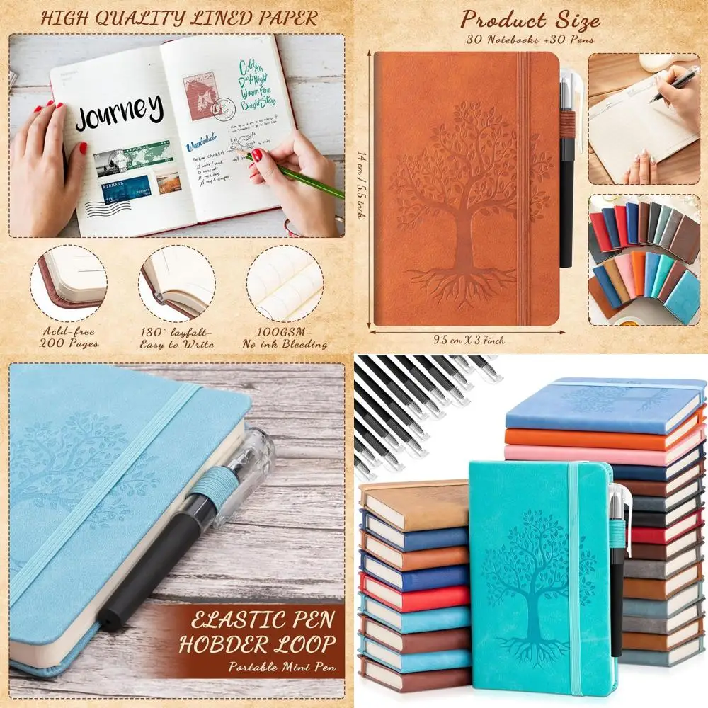 

A6 Leather-Bound Pocket Notebooks with Pen Holder, Lined Pages, 30-Pack (Classic Color) for Men & Women, School & Business