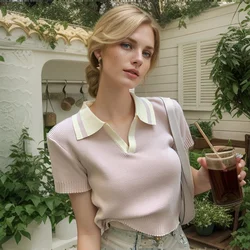 Women's Tops Contrast Color Turndown Collar Casual Fashion Versatile Short-Sleeved Tee T-Shirt Summer Youthful Women Clothes