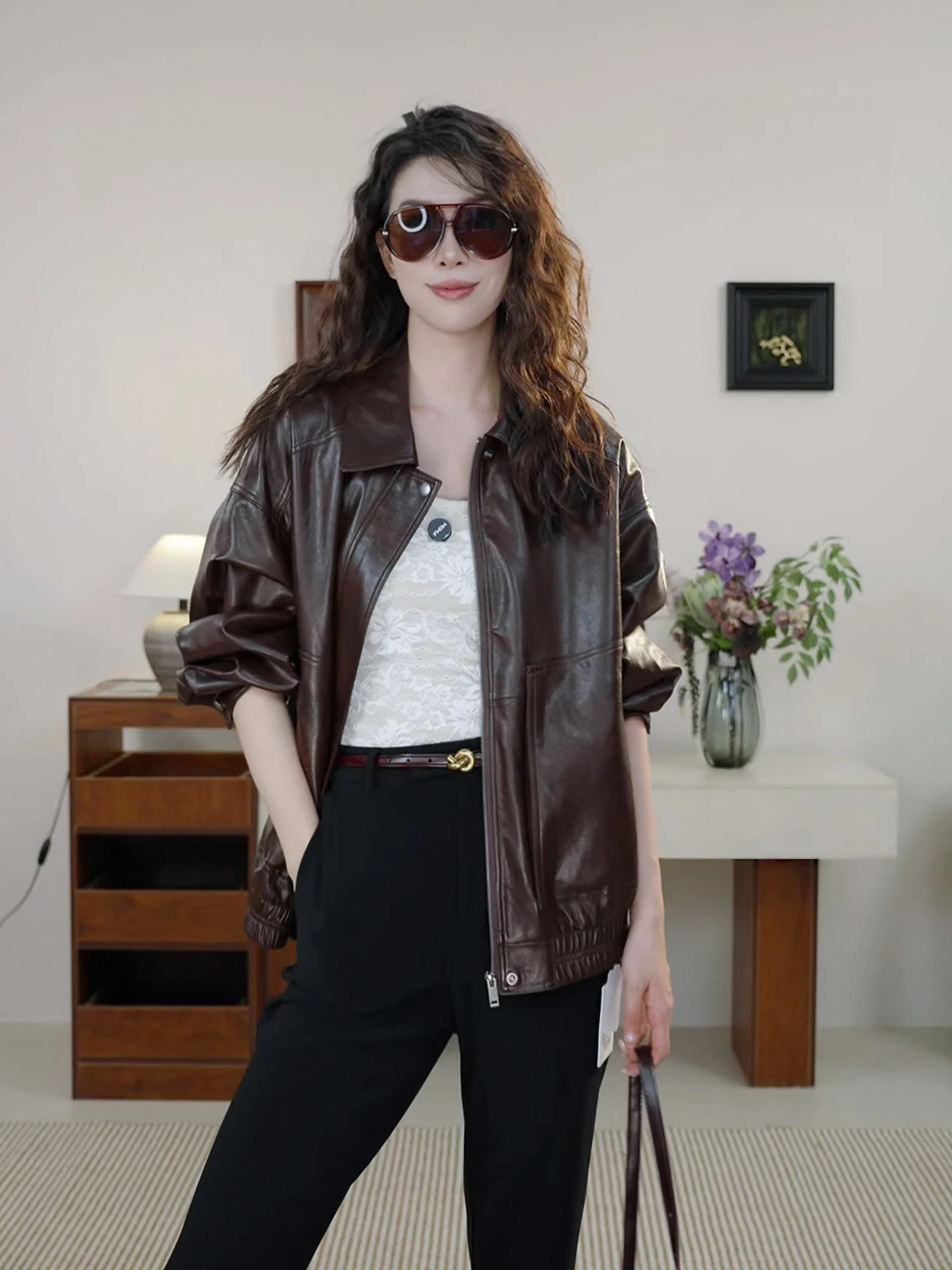 

Nana Tall DMX American Sle Motorcycle Jaet Women Loose Slimming PU Leather Coat Long Sve Zipper Closure Pure Color