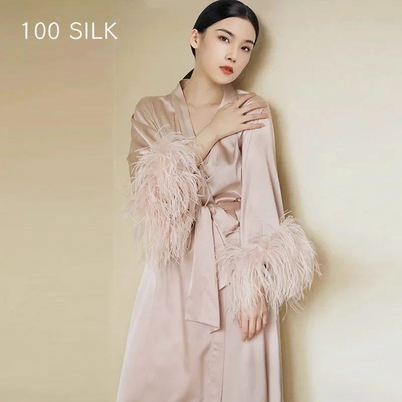 Women's 100% Mulberry Silk Long Robe Luxury Bridal Nightgown with Ostrich Feather Trim Sexy Lingerie Kimono PJ for Autumn Winter