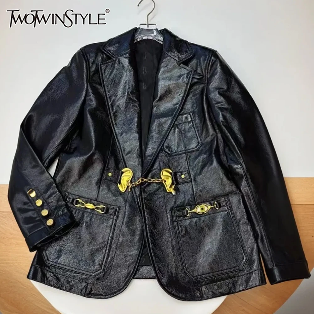 Twotwinstyle temperamento sólido blazers para mulher com decote em v manga longa bolsos emendados outono chique jaqueta estilo feminino kj550011