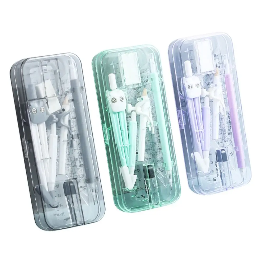 9PCS/Set Transparent Ruler Set Straight Ruler Eraser Pencil Compass Kit Plastic Mechanical Pencil Measuring Ruler Students