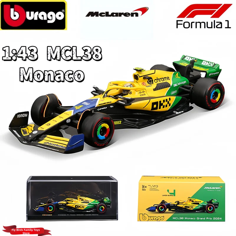 1:43 Bburago Mclaren Mcl38 Monaco Grand Prix F1 2024 F1 Alloy Miniature Diecast Model #4 #81 Lando Norris ﻿F1 Alloy Car Toy Gift