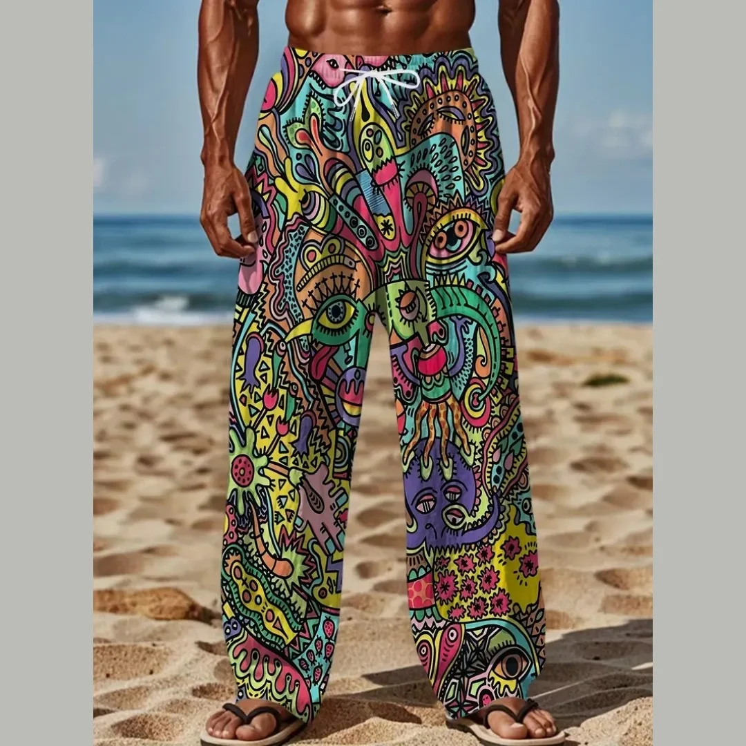 

MEN'S Casual Loose-Fit Straight Pants Relaxed Fit Unisex Adult Fashion Pants With Drawstring Full-Print Pattern