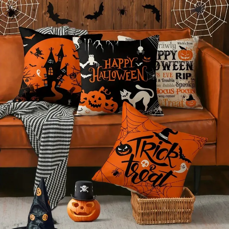 

Halloween Decor 45x45cm Set of 4 Trick or Treat Farmhouse Pumpkin Ghost Bat Halloween Decor Linen Cushion Cover for Sofa Couch