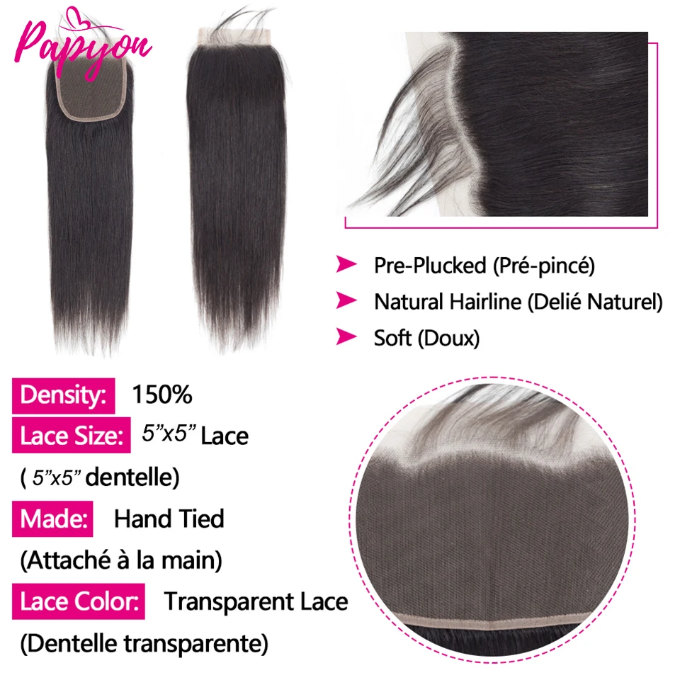 Bone Straight Human Hair Bundles With Closure 5x5 Lace Closures With Bundles Brazilian Hair Weave Bundles With Closure Remy Hair