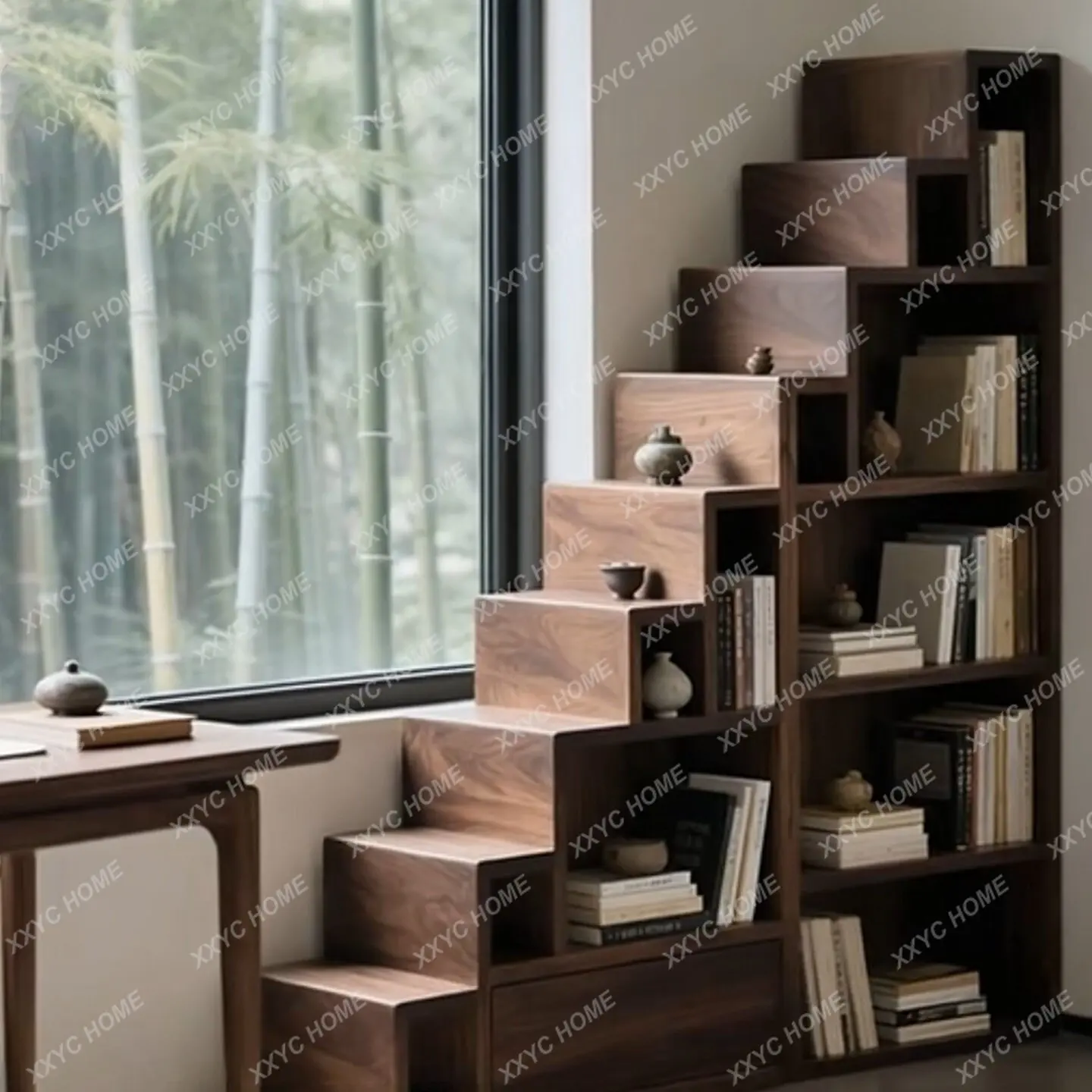 Bookshelf Floor-to-ceiling shelf Minimalist integrated wall solid wood trapezoidal bookshelf