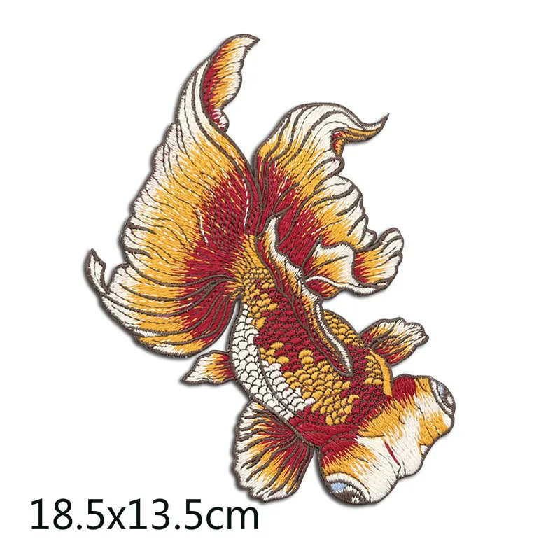 Poisson rouge de style chinois cousu sur des patchs, broderie, gril, ethnique, grand, décoration de vêtements pour la maison, trou, patch à main, Tecfor Clothing