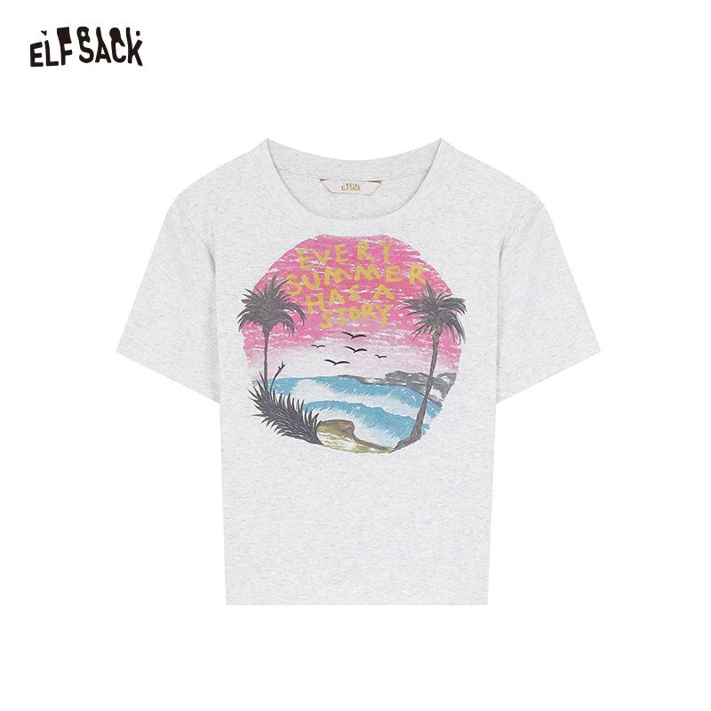 ELFSACK 2024 summer new arrival Gray BM small tropical print straight shoulder slim fit short sleeve T-shirt for women