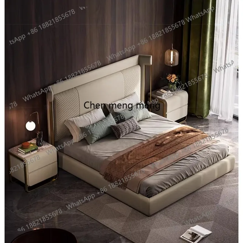 

Light luxury leather soft bed master bedroom, premium villa, fabric double bed