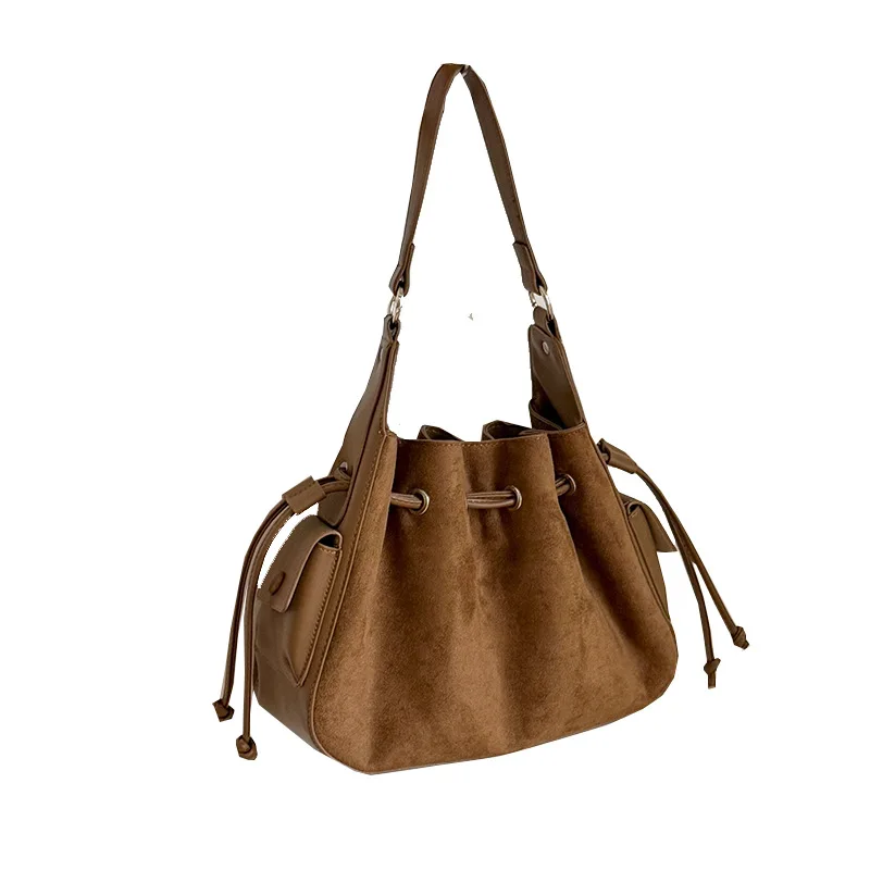 Retro Frosted Velvet Leather Large Bucket Bags for Women 2025 Winter Female Shoulder Bag Females Crossbody Bag Handbags